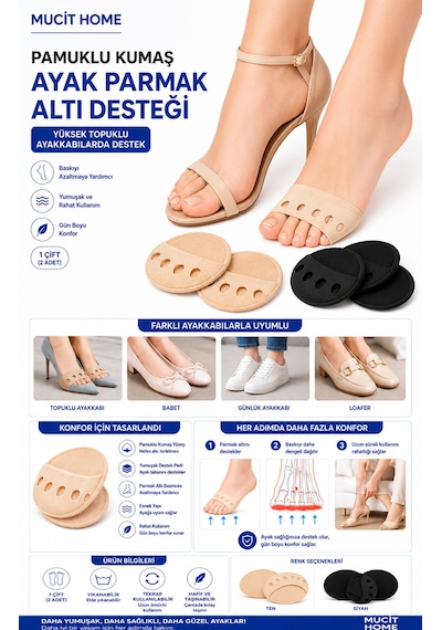 Mucit Home Pamuklu Kumaş Ayak Parmak Altı Desteği Yüksek Topuklu Ayakkabılarda Destek 1 Çift