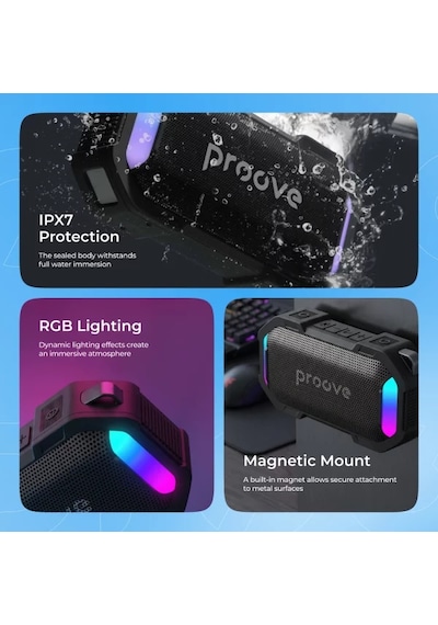 Proove Black Rock 10w Taşınabilir Bluetooth Hoparlör Tws & Rgb Işıklı Ipx7 Su Geçirmez Manyetik Mıknatıslı
