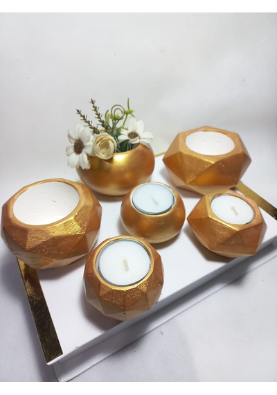 Antiquity Gold Ev Ve Ofis Aksesuarı Sukulent/kaktüs Saksı, Mumluk Set Dekoratif Obje 6 Parça Gold