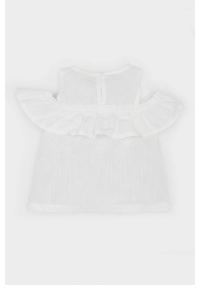 DeFacto Kız Bebek Bisiklet Yaka Flamlı Poplin Kısa Kollu Bluz E2849A525SMWT32 Beyaz