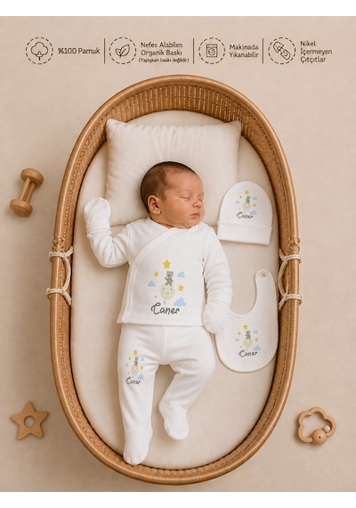 Pia Baby İsme Özel Erkek Bebek %100 Pamuk Zıbın Şapka Önlük Eldivenli Set 2042zyx Krem