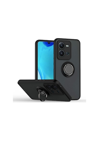 Vivo V25 Uyumlu Kılıf Yüzüklü Standlı Extra Darbe Koruma Sert Silikon Kapak - Siyah Siyah