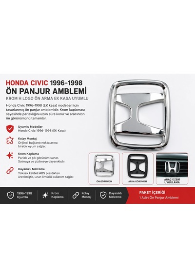 Honda Civic 1996-1998 Ön Panjur Amblemi Krom H Logo Ön Arma Uyumlu