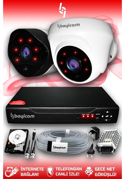 Bayicam 2 Kameralı Uzay 1 İç Kamera Set 2 TB HDD Full HD Gece Görüşlü Güvenlik Kamerası Sistemi