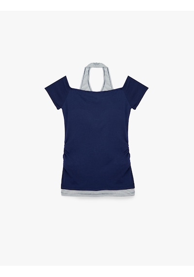 Koton Slim Fit Atlet Detaylı Kısa Kollu Viskon Karışımlı Omzu Açık Tişört Lacivert 6sal10744ık