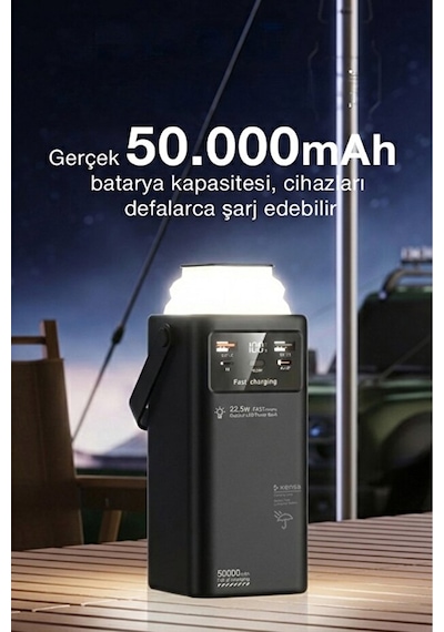 50.000 Mah Outdoor Led Işıklı Hızlı Şarj Powerbank Usb-c & Çoklu Cihaz Desteği Siyah
