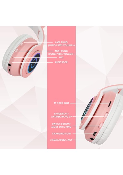 Çocuk Kulaklık, Kız Çocukları Bluetooth Kulak Üstü Sevimli Kedi Kulaklı Çocuk Kulaklığı Led Işıklı, Katlanabilir Kablosuz Çocuk Kulaklık Erkek Yetişkinler İçin Okul/tablet/pc/telefon