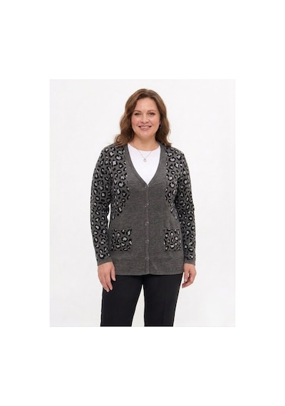 Onno Style Women Simli Leopar Desen Klasik Düğmeli Ceket Gri