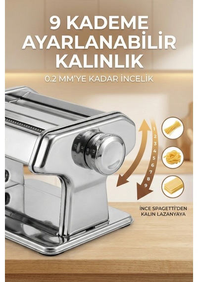 Manuel Makarna Makinesi - Erişte Ve Hamur Açma Makinesi - Çift Kesici Başlıklı - 9 Kademe Ayarlı Gri