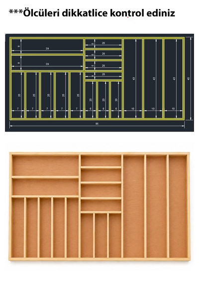 95x45 Cm Ahşap Kaşıklık Çekmece İçi Organizer Doğal Ahşap Mutfak Düzenleyici