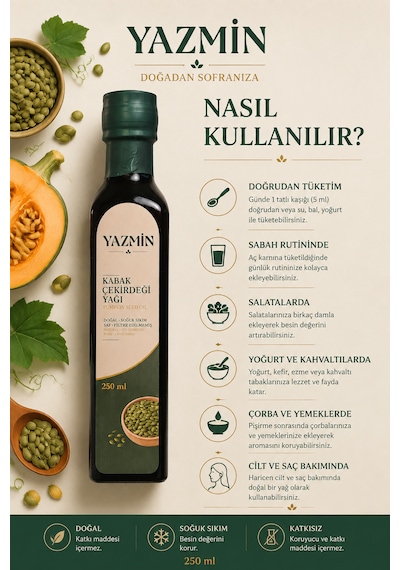 Yazmin Kabak Çekirdeği Yağı 250 Ml Cam Şişe Soğuk Sıkım %100 Saf Doğal Kabak Çekirdeği Yağı