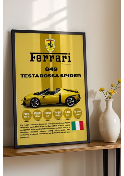 Ferrari 849 Testarossa Spider Premium Araba Tablosu - Teknik Özellikli Otomobil Duvar Dekoru Siyah