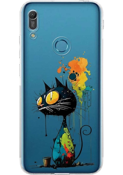 Huawei Y6 Pro 2019 İle Uyumlu Splash Kedi Tasarımlı Şeffaf Silikon Kılıf Şeffaf