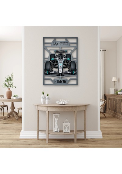 Gümüş-siyah Formula 1 Yarış Aracı Metal Tablo 91x125 Cm Çok Renkli