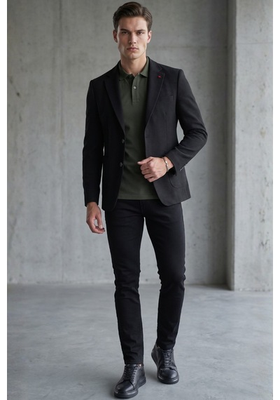 İmza Siyah Siyah Mono Yaka Gofreli 6 Drop Slim Fit Esnek Ceket 1002260150