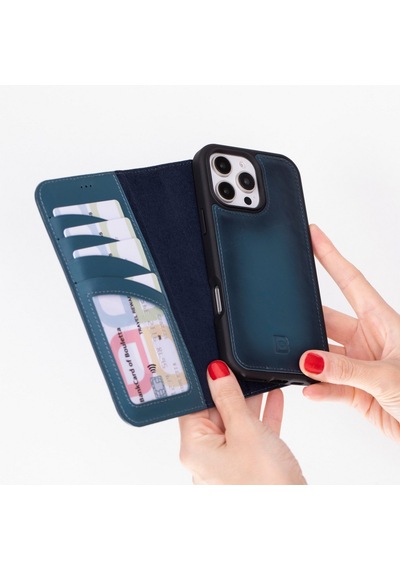 Apple Uyumlu iPhone Bouletta 16 Pro Hakiki Deri El Yapımı Cüzdanlı Kılıf Gölgeli Mavi