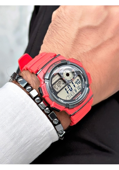 Casio Nda3185 Dünya Saati Takvimli Erkek Kol Saati Kırmızı + Bileklik