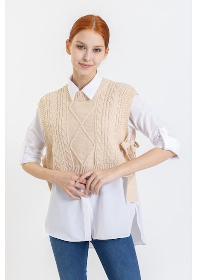 Giysa Kadın Triko Crop Süveter Bej Yandan Bağlamalı Kısa Örgü Desen Dokulu - 4014-355 Bej