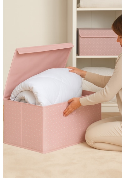 Serstil Pembe Puantiyeli Mega Boy Destekli Sert Karton Kapaklı Kutu Hurç 70x40x30 Cm Pembe Puantiye