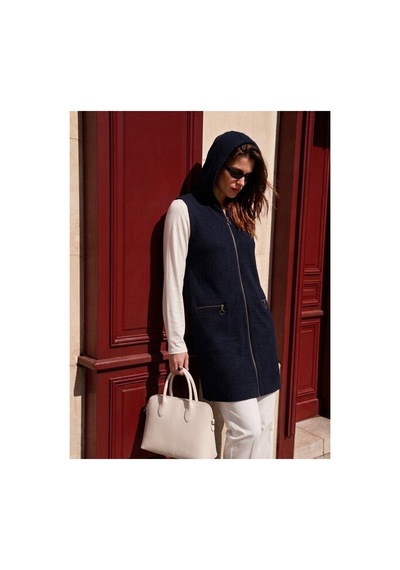 Onno Style Women Kapüşonlu Çelik Örgü Uzun Triko Kadın Yelek Lacivert