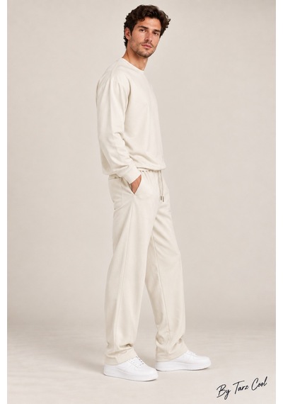 Tarz Cool Erkek Oversize %100 Oyşo Bisiklet Yaka Sweatshirt Bol Paça Alt Üst Takım Beyaz