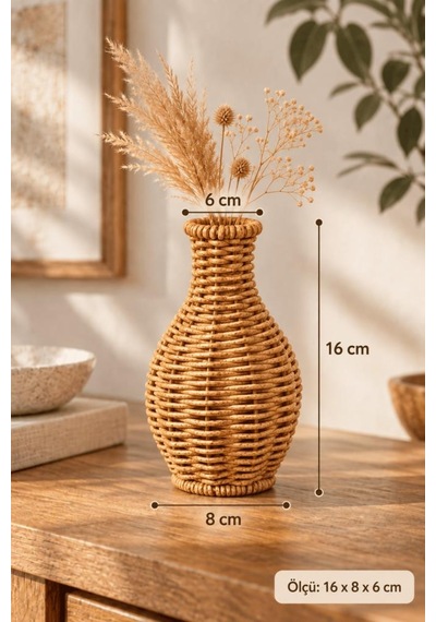 Atbyhome Doğal Hasır Rattan Amfora Çiçek Vazosu 16 Cm - Masa Üstü Dekoratif El Örgüsü Kuru Çiçeklik Vazo Kahverengi