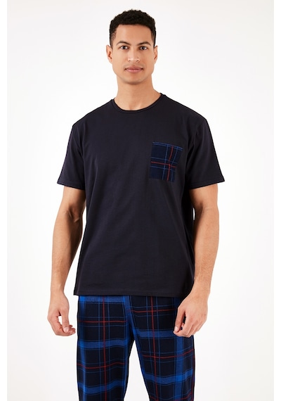 Buratti Ekoseli Pamuklu Regular Fit Kısa Kollu Erkek Pijama Takımı 6572002 Lacivert-Saks