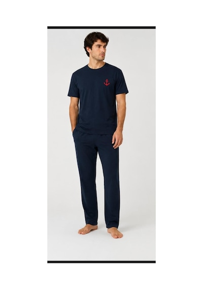 Pijamask Erkek Lacivert Kısa Kollu Pamuklu Pijama Takımı Silikon Çapa Baskılı Lacivert