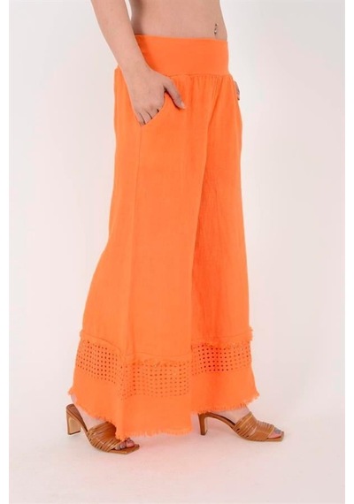 Eren Style İtalyan Fisto Paça Detaylı Keten Pantolon-9893 Oranj