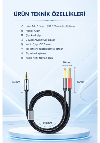 3.5mm - Çift 6.35mm Stereo Ses Kablosu 1.5 Metre, Amfi Mixer Gitar Hoparlör Sahne Ekipmanı Uyumlu, Sağ Sol Kanal, Altın Kaplama, Naylon Örgülü, Parazit Önleyici A160e