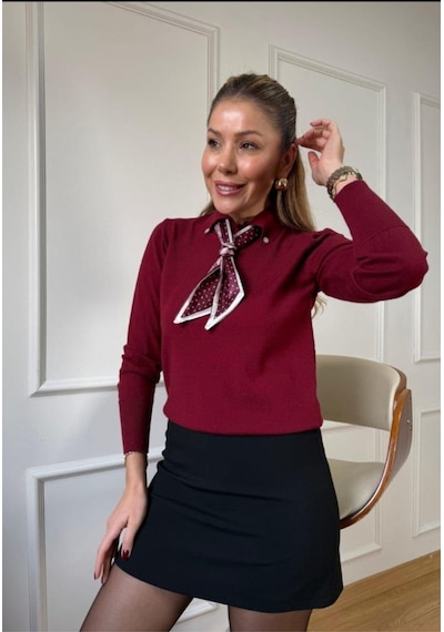 Çınar Boutique Fularlı Triko Bluz Bordo Bordo