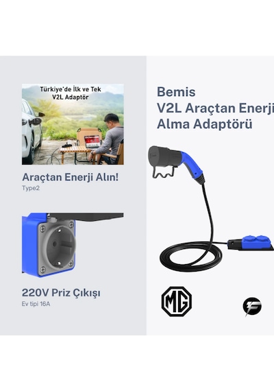 Bemis V2l Vehicle To Load Elektrikli Araç Uyumlu 2 Li Priz Uzatma Adaptörü 3 Metre Mg 16a - 3,5kw