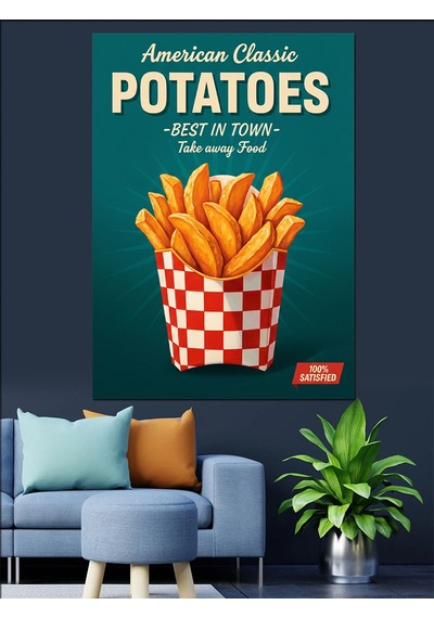 Patates Kızartması Retro Poster Dekoratif Kanvas - Mdf Ahşap Tablo