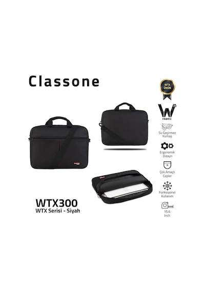 Classone Wtx300 Wtxpro Serisi 15.6 İnch Su Geçirmez Kumaş Apple Uyumlu MacBook , Laptop , Notebook El Çantası- Siyah