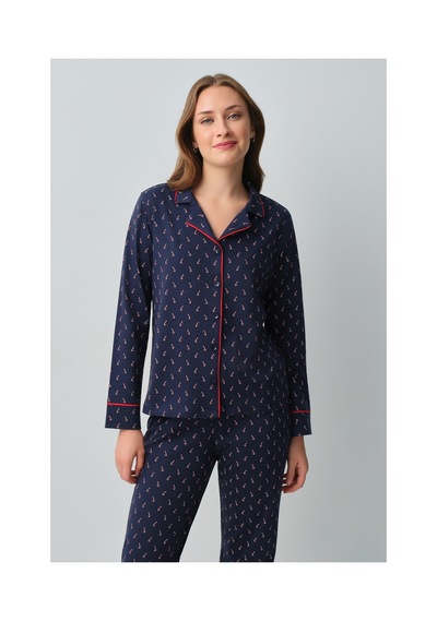 Suwen Candy Pamuklu Gömlek Yaka Pijama Takımı Wsh10510139628 Lacivert