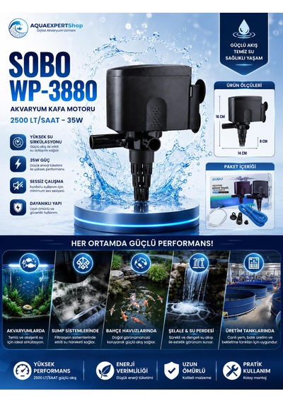 Sobo Akvaryum Kafa Motoru - Sump Motoru - 2500 Lt/saat - 16-8-14 Cm - 35w - Yüksek Su Sirkülasyonu - Wp 3880