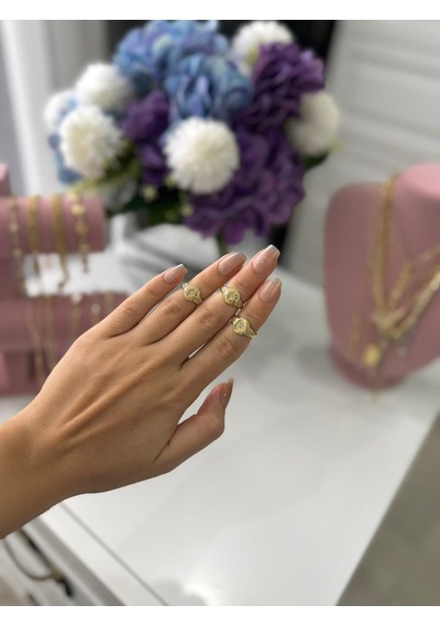 14k Kaplama Yuvarlak Taşlı Serçe Parmak Kıkırdak Yüzüğü Altın
