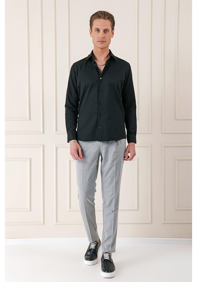 Efor Gk 718 Slim Fit Dokulu Pamuklu Klasik Siyah Gömlek Siyah