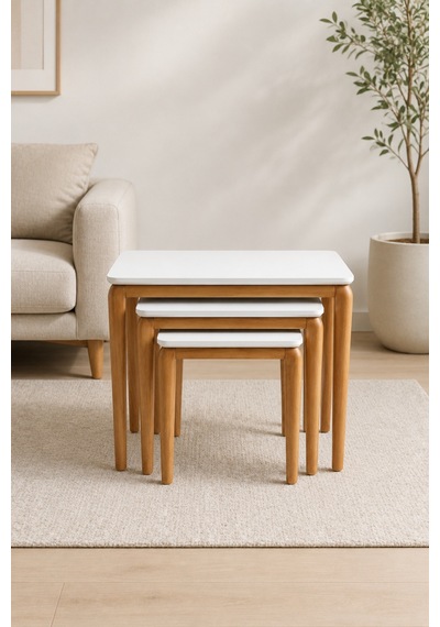 Ant Home Zigon Sehpa, 3'lü Yan Sehpa, Bohem Sehpa, %100 Doğal Ahşap, Salon Sehpa Ekru
