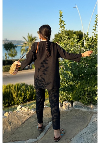 Siyah Renk Cep Detaylı Dar Paça Kimono Takım Siyah