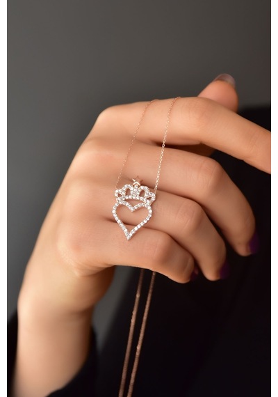 Papatya Silver 925 Ayar Gümüş Rose Kaplama Zirkon Taşlı Kalpli Kralıçe Tacı Kolye