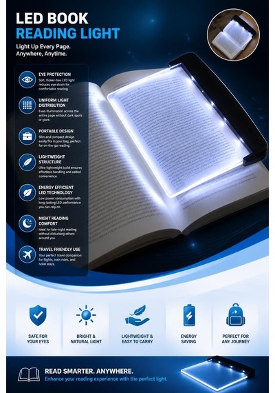 Led Kitap Okuma Işığı, Kitap Arasına Yerleştirilebilir İnce Okuma Lambası, Gece Okuma Ve Seyahat İçin Taşınabilir Aydınlatma Paneli
