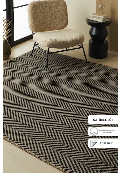 Ocean Home Textile Siyah Renk Balıksırtı Jüt Halı Kilim 120 X 180 Cm