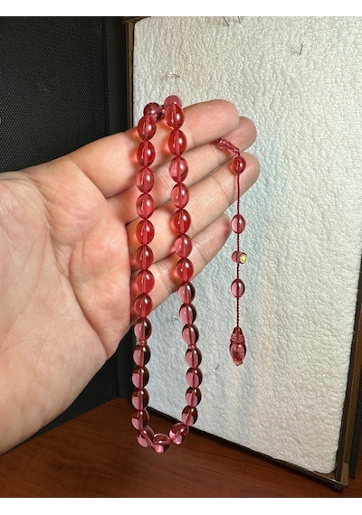 Ateş Kehribar Tesbih Pembe Renkli Şeffaf Beyzi Kesim 7mm X 11 Mm