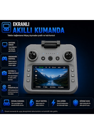Gps Destekli Profesyonel Drone 4k Kamera, 3 Eksen Gimbal, Engelden Kaçınma Sensörü, Ekranlı Kumanda, Tek Tuş Eve Dönüş