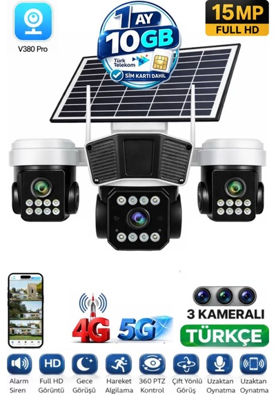Rx95g Solar Güvenlik Kamerası Türkçe 4g Sim Kartlı Ptz Hareketli Gece Görüşlü Güneş Panelli Kamera 1 Ay 10gb Dahil