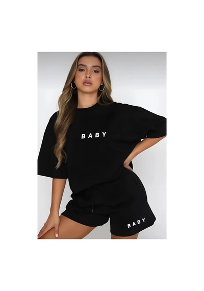 Medinenur Kadın Baby Baskılı Tshirt Şort Takım Siyah