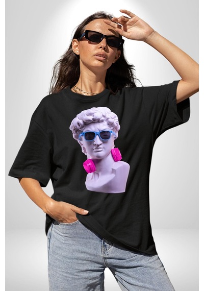 Kulaklık Gözlük Pop Art Heykel Pamuklu Bisiklet Yaka Unisex Oversize Boyfriend Dijital Baskılı Siyah T-shirt Siyah