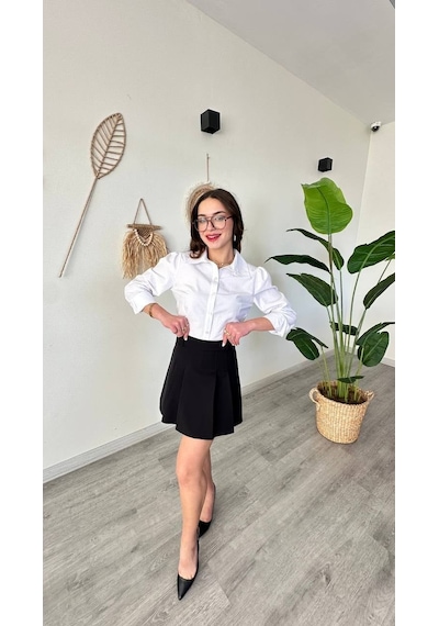 Duygudan Yüksek Bel Pileli Siyah Şort Etek A Kesim Mini Skort - Siyah