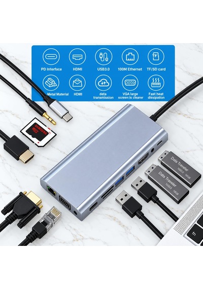 11 İn 1 Arada Usb-c Hub Type-c Çoklayıcı Adaptör, 4k Hdmı, Vga, Rj45 Ethernet, Pd Şarj, Usb 3.0 + 3 Usb 2.0, Sd/tf Kart Okuyucu, 3.5 Mm Ses Çıkışı, Tüm Type-c Cihazlarla Uyumlu